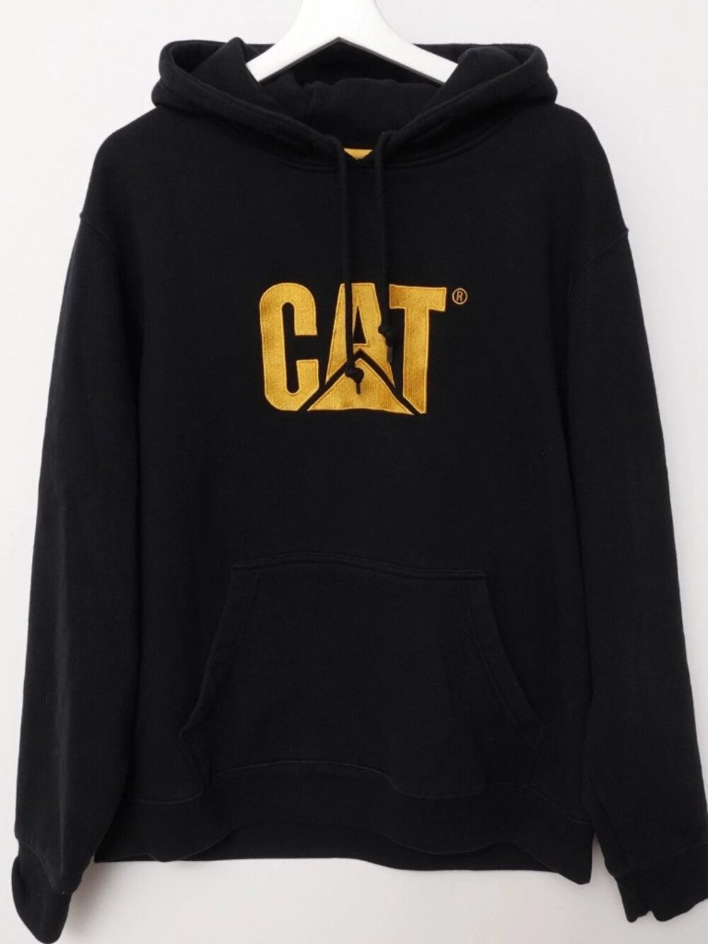CAT Caterpillar Hoodie Mens M Black Yellow Embroidered Logo Heavyweight Distress